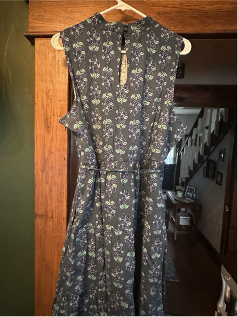 J.CREW Green Floral Maxi Dress Tie Waist Keyhole Back Sleeveless Round Neck 18 - Picture 7 of 8